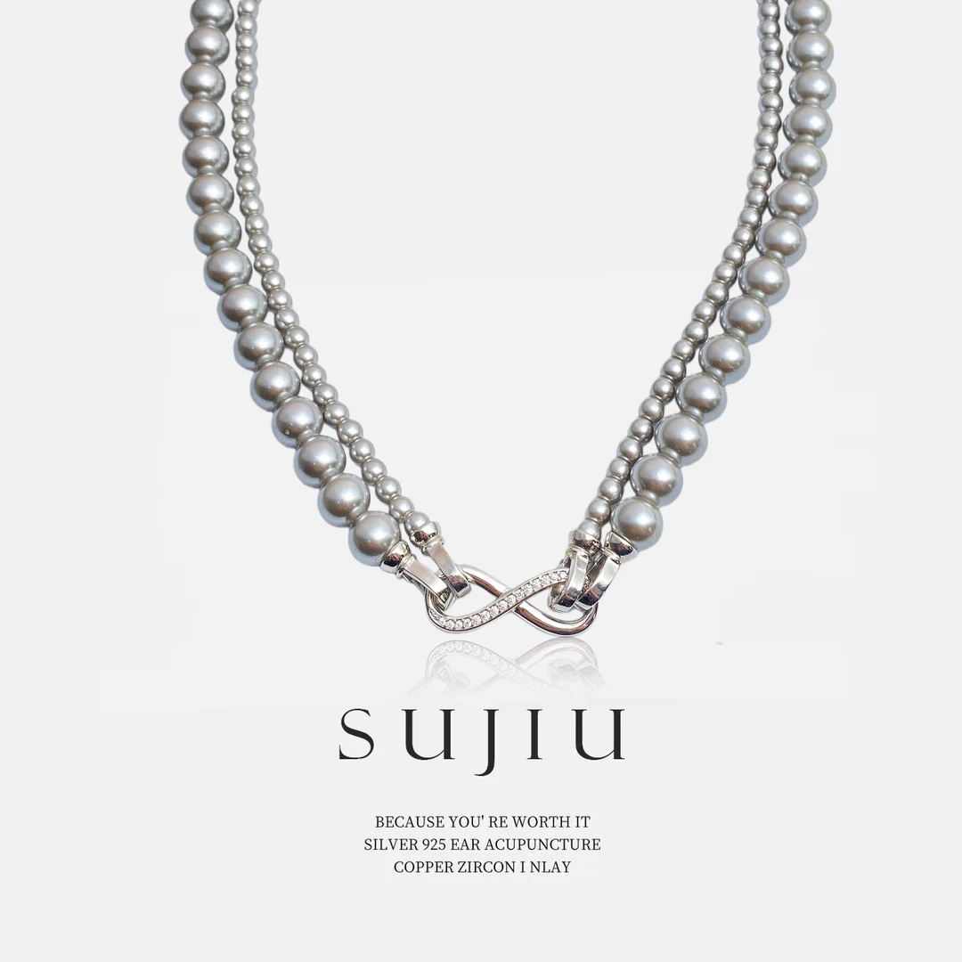 铜合金项链 SUJIU 【灰序凝珠项链】叠戴长链百搭复古项链7148