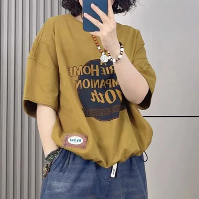 短袖T恤2025新款夏季宽松胖mm休闲风小众系百搭遮肚子显瘦上衣女