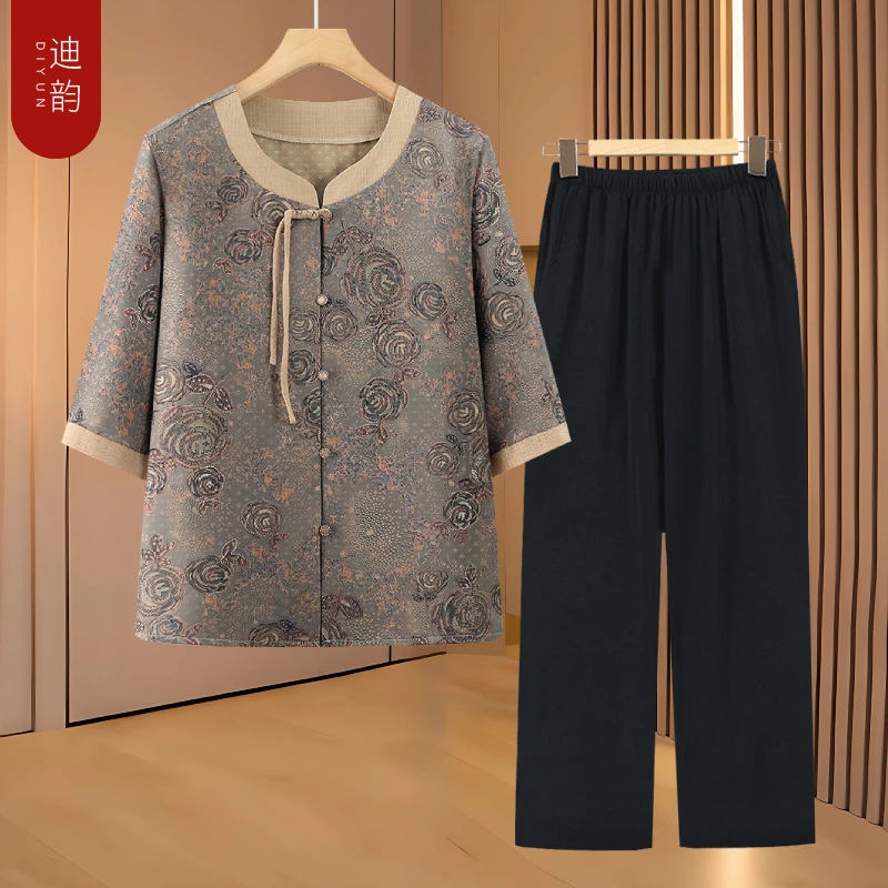 中老年人妈妈夏装圆领衬衫2025新款大方女大码上衣奶奶装雪纺开衫