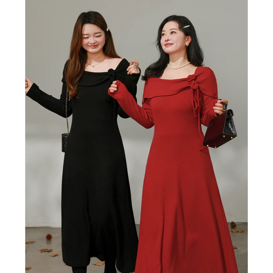 【冬季新款】DM100显瘦百搭气质时尚大码气质优雅收腰连衣裙2767YF