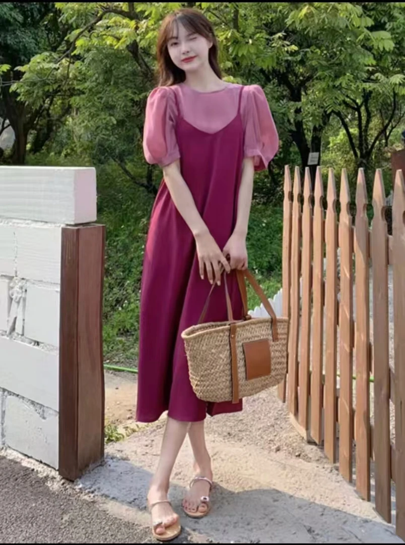 法式绝美吊带假两件气质显瘦遮肉慵懒风宽松连衣裙