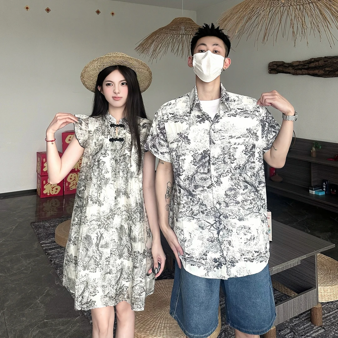 情侣装夏季新中式常规国潮飞飞袖短裙小众碎花连衣裙设计感男衬衫