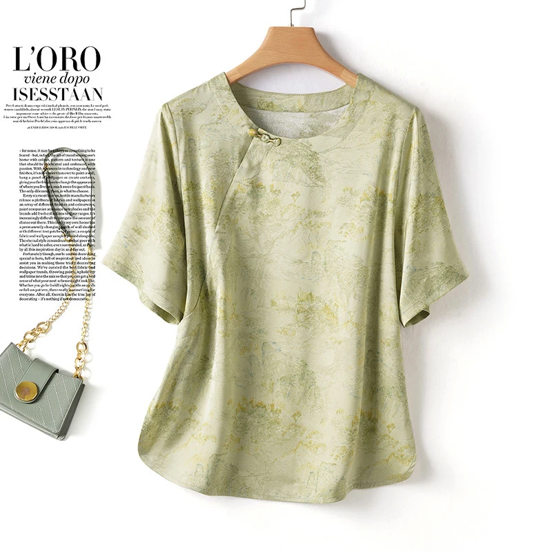 真丝印花衬衫夏季025夏香云纱新款套文艺圆领t恤短袖薄款女上衣