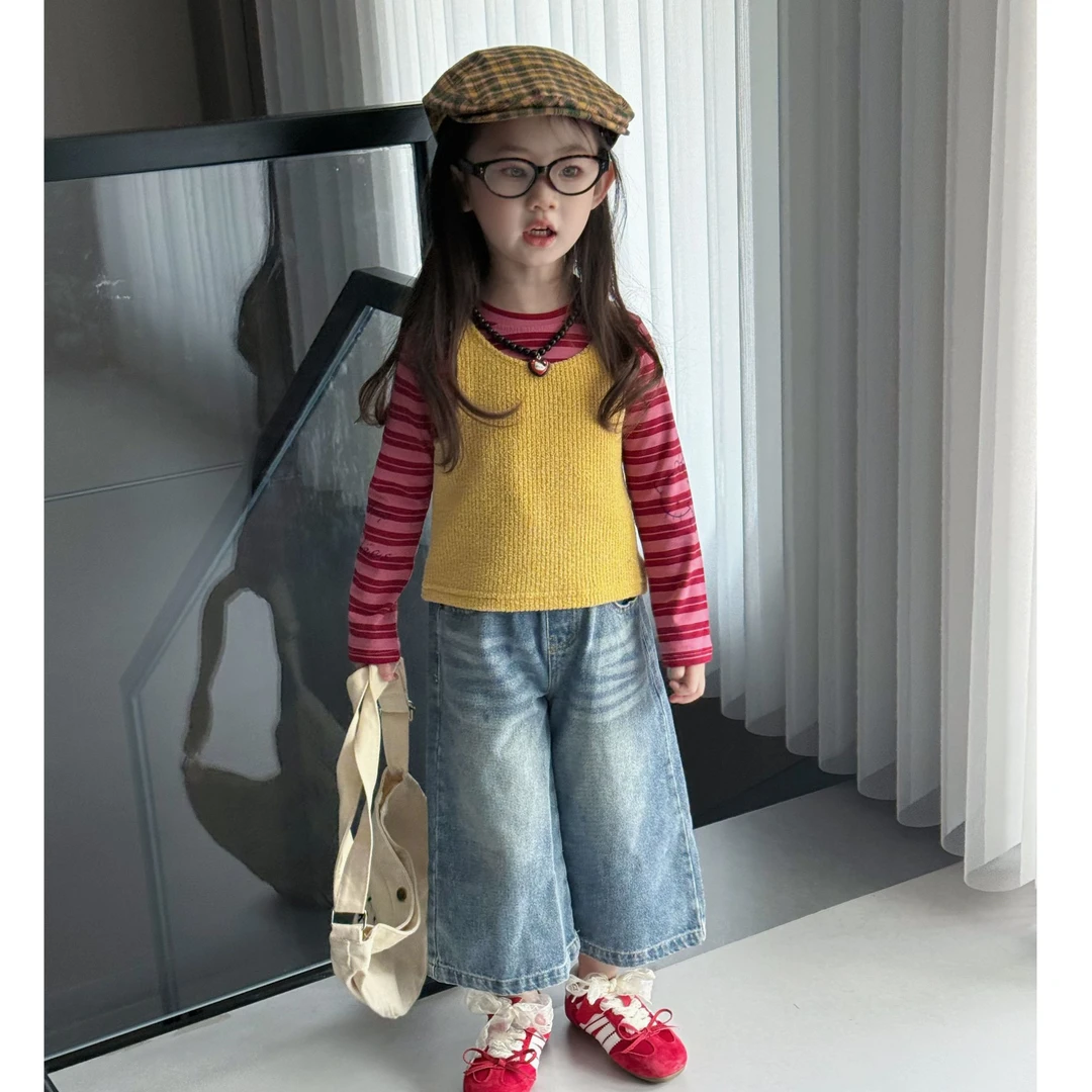 女童秋装套装2025新款网红儿童洋气马甲上衣女宝休闲牛仔裤三件套