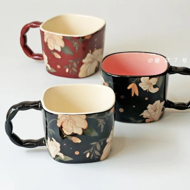 法式复古花卉方形陶瓷咖啡马克杯大容量女生创意水杯早餐杯子礼物