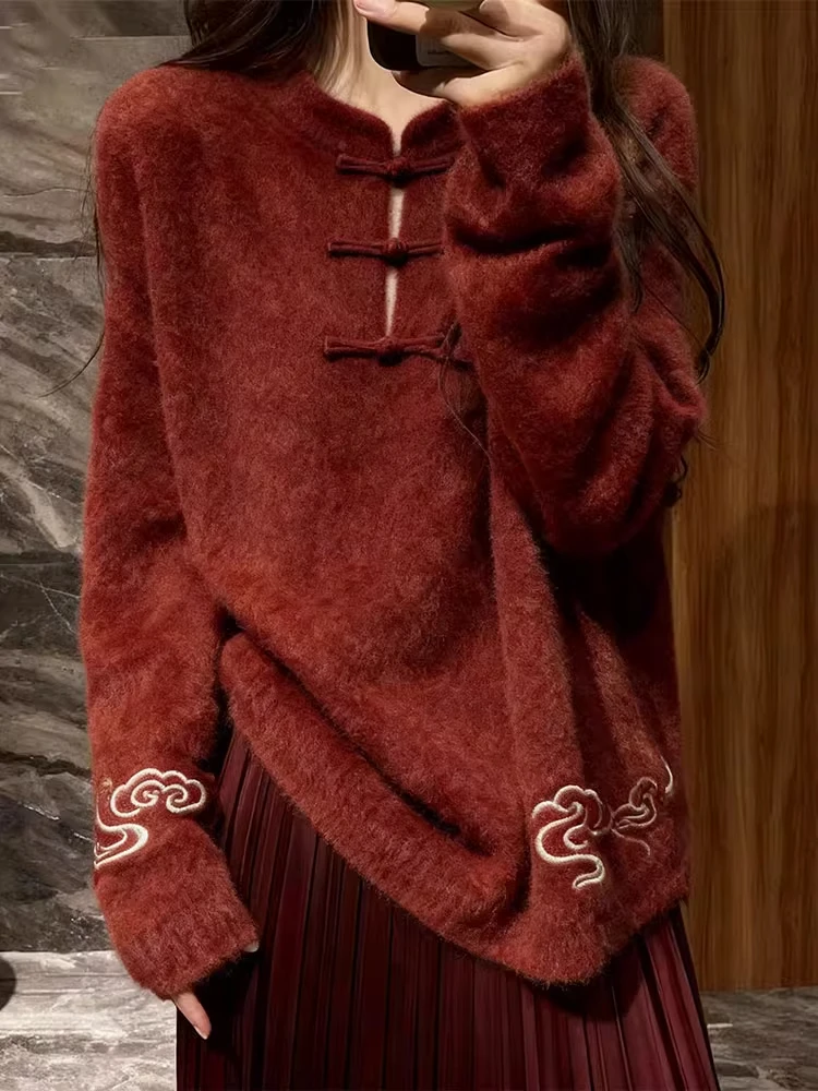 独特高端新中式国风毛衣女2025冬季新款爆款慵懒宽松超火针织上衣