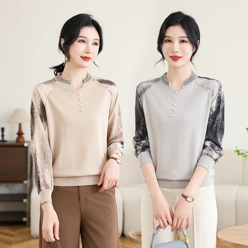 【水墨风单上衣】年轻妈妈装秋装针织衫时尚减龄纱袖新款中老年女装