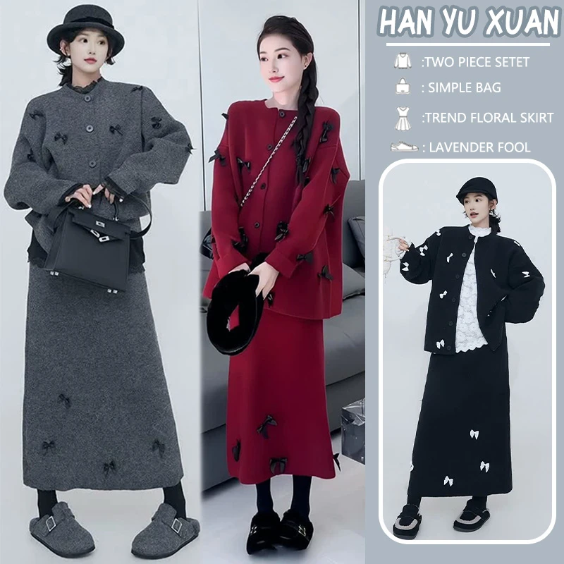 孕妇装复古新款针织半身裙穿搭蝴蝶结毛衣外套套装