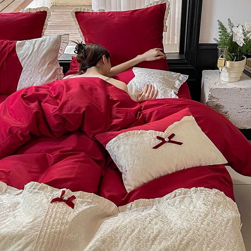 皇后娘娘公主风长绒棉结婚床单四件套大红色婚庆纯棉被套床上用品