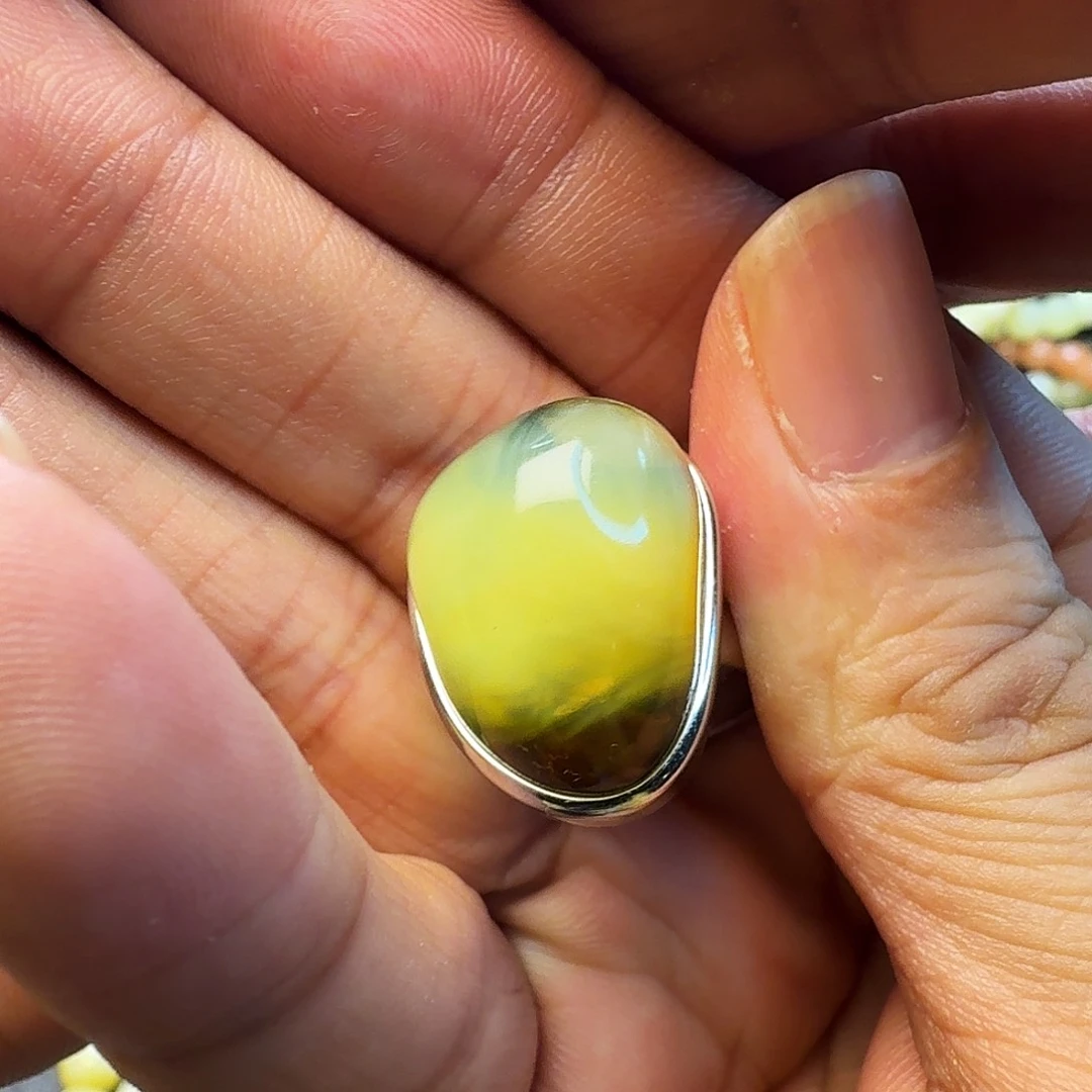 蜜蜡珠宝奇石银S925镶嵌荧光拉丝S925镶嵌戒指