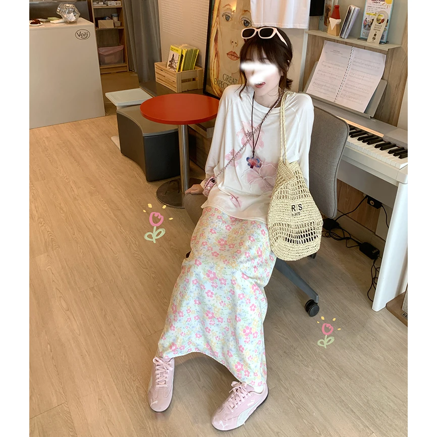 【T恤】【雾里花园】设计感印花长袖T恤女宽松百搭微透上衣