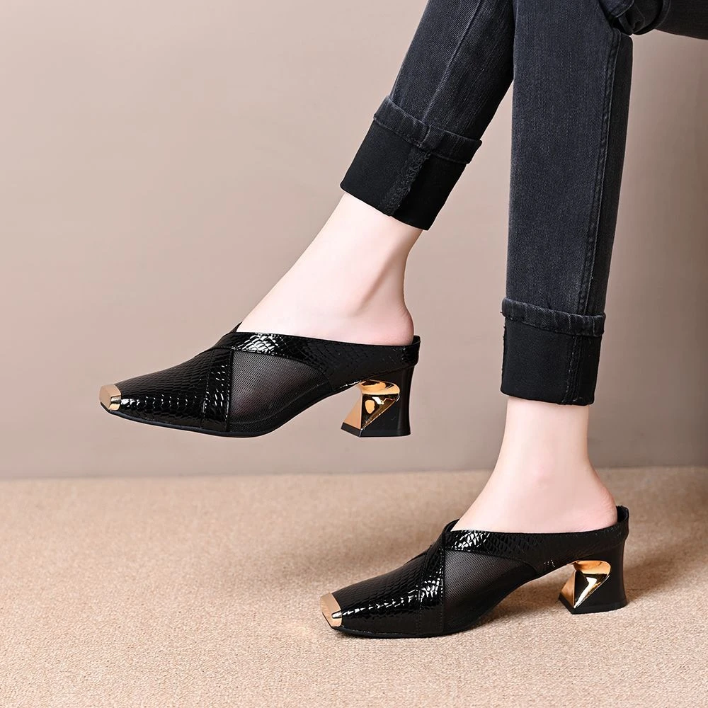 2025新款包头半拖鞋女夏外穿时尚低跟网纱半拖单鞋粗跟软皮凉拖鞋