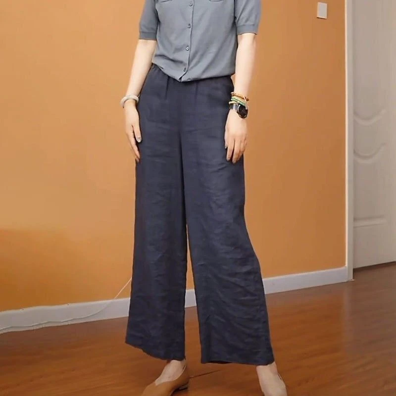 藏蓝色轻薄阔腿裤子女2025夏季新款高级通勤风日常白搭休闲九分裤
