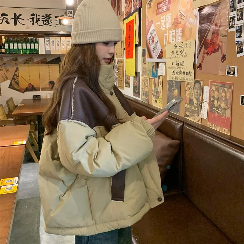 pu皮拼接羽绒服女冬季2025新款小众设计感炸街流行美式复古爆款