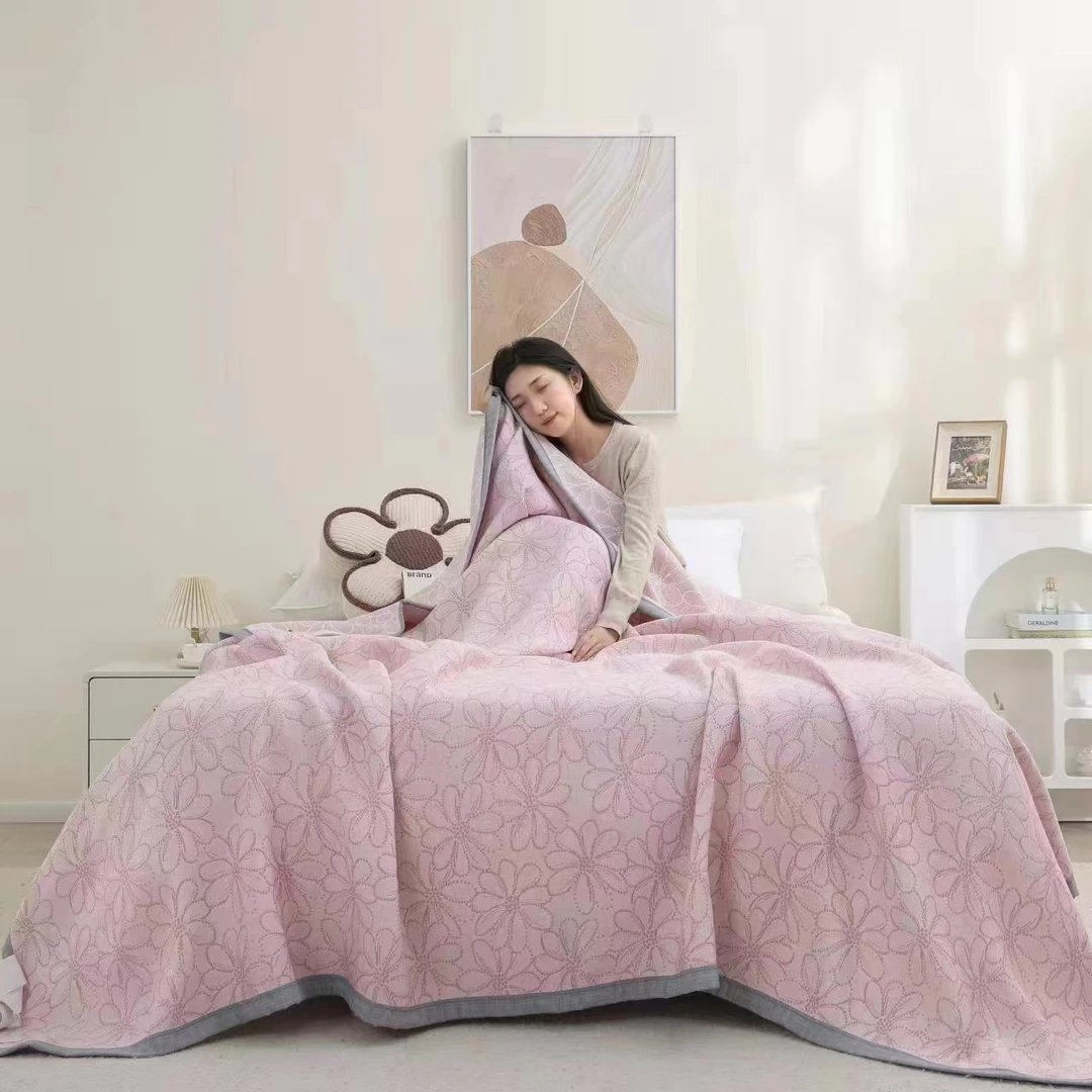 W【床盖-花之艺-粉】200*230CM可铺可盖多层棉纱布亲肤通用床盖