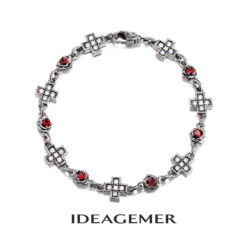 ideagemer 925银手链 玫瑰十字架手链潮高级感高街情侣礼物送男友