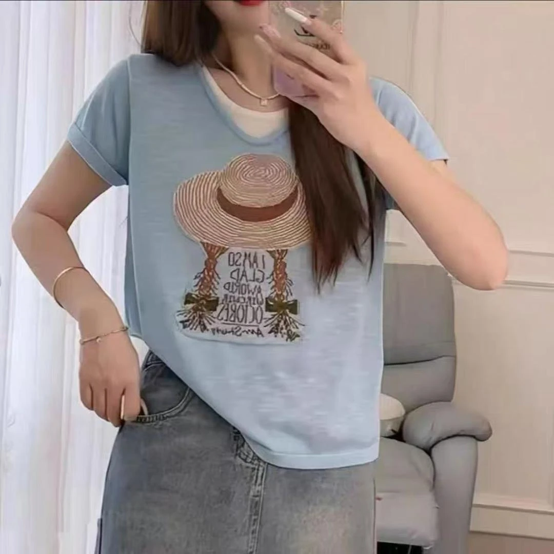 【度假风草帽女孩】夏装提花假两件宽松短袖针织衫夏季亚麻薄款减龄