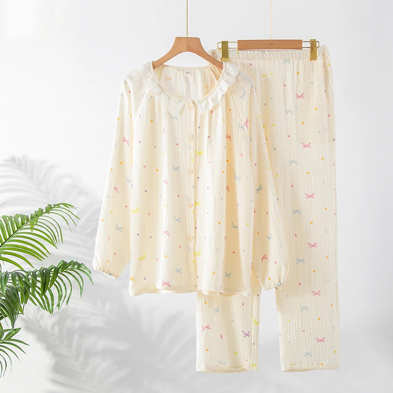新款女士纯棉睡衣花边领蝴蝶结彩点开衫长袖柔软裤子带口袋家居套