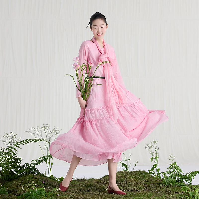 生活在左婴儿棉连衣裙粉色云染宽松显瘦舒适2025春夏新品长裙女