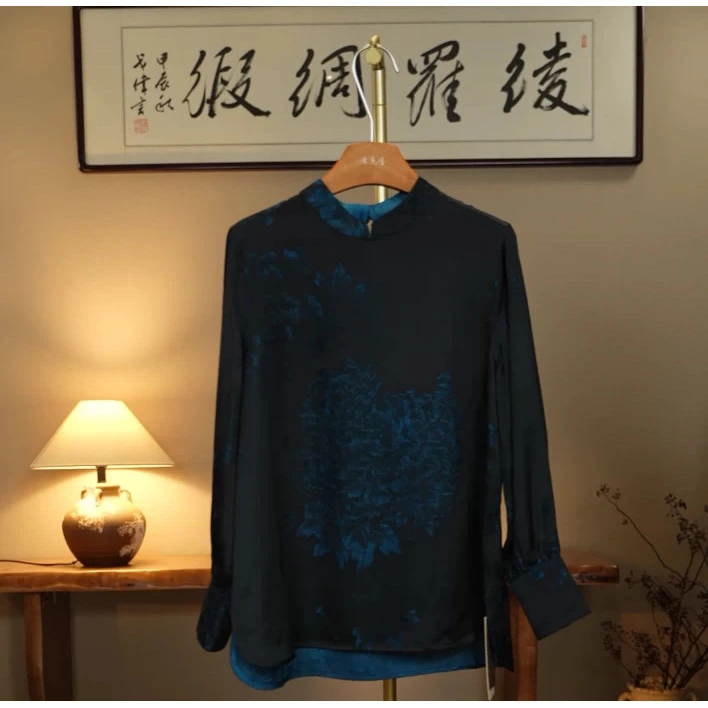 【牡丹花开小上衣】双面穿重缎新中式国风香云纱小立领提花衬衫