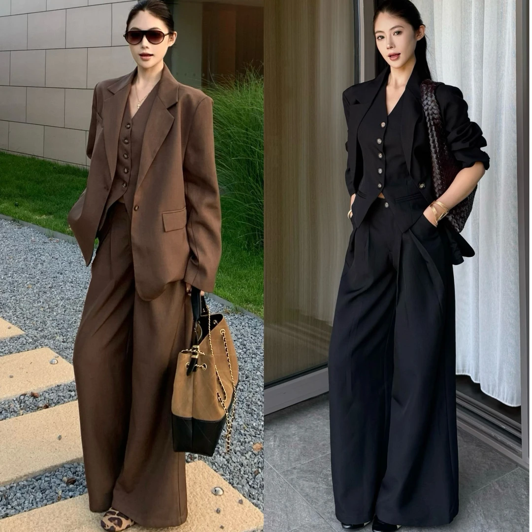 休闲慵懒风法式老钱风时尚套装高腰直筒休闲裤收腰马甲套装西装