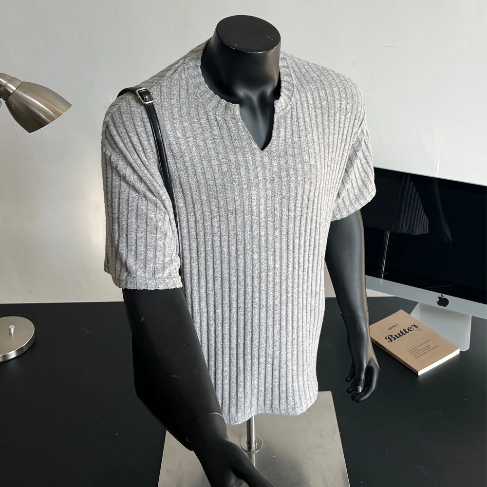 美式复古重磅深灰色肌理感v领短袖男款夏季高级感潮牌垂感半袖T恤