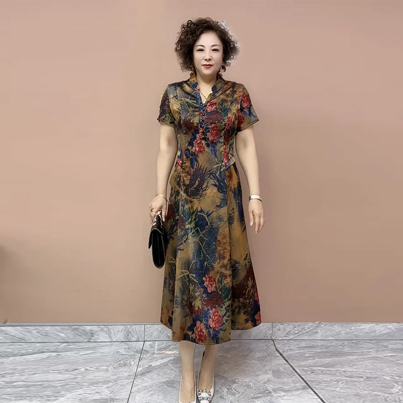 607新中式改良旗袍裙夏季新款V领修身显瘦真丝轻薄收腰显瘦长裙女