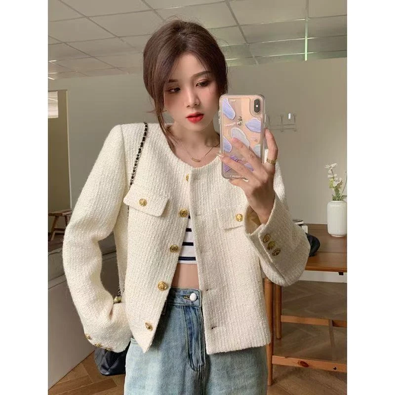 气质小香风外套春秋短款修身纯色圆领高级感名媛百搭小个子上衣