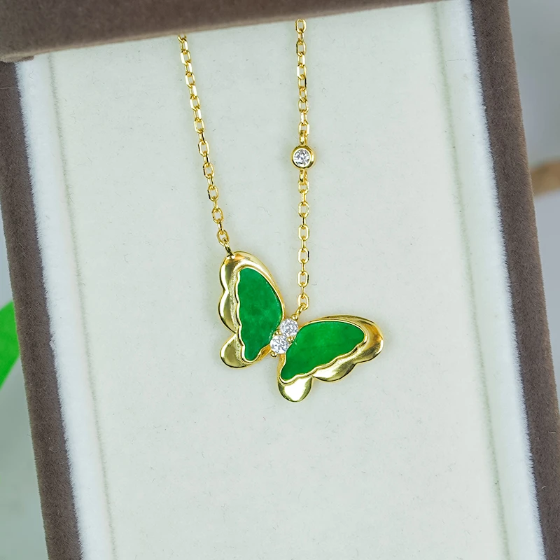 天然翡翠A货925银镶嵌精致双边玉蝴蝶翡翠吊坠项链