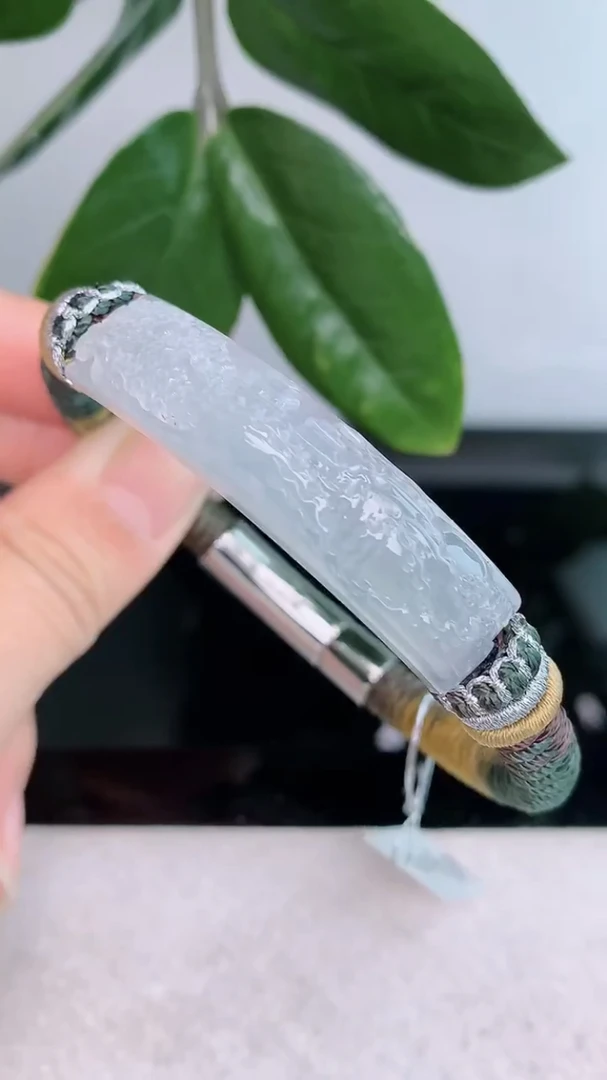 天然翡翠A货冰种白冰白色雕花山水手牌手串手链卡45-11-7.5mm缅甸