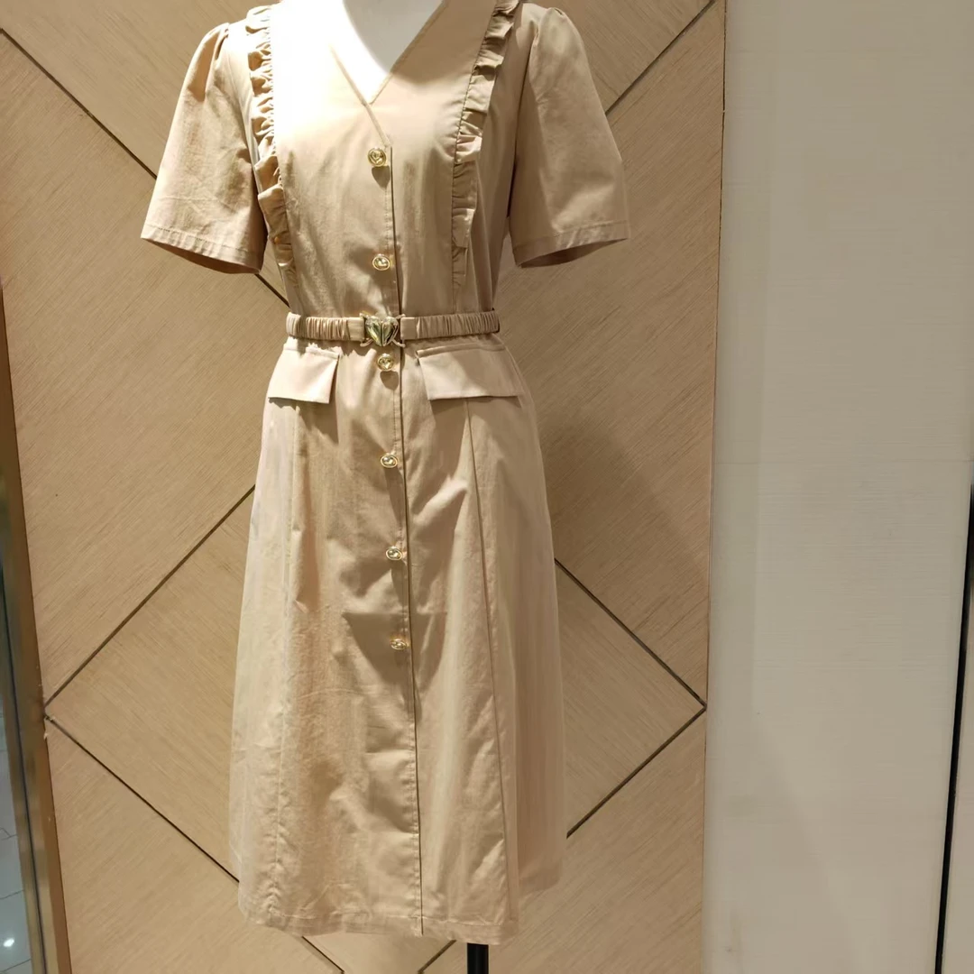 诗梦V领荷叶边连衣裙腰带收腰气质中长裙SGG2BC100