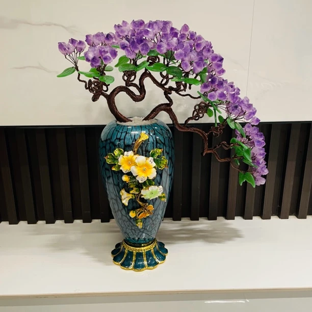 紫水晶摆件珐琅瓷瓶轻奢玄关摆件手工招财树摆设创意手绘