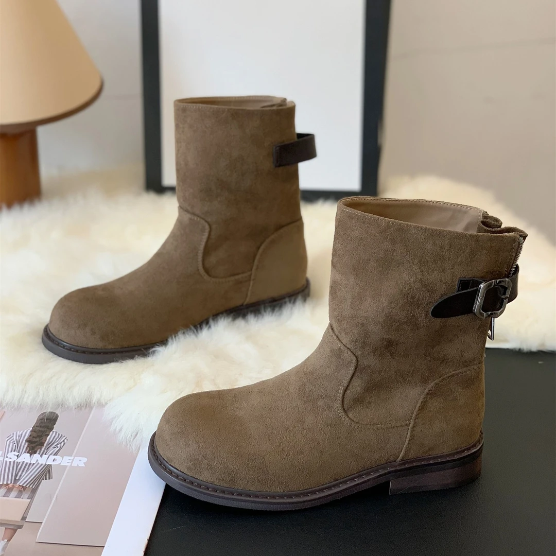 欧美风复古磨砂绒面小众皮带扣拉链拼接设计马丁靴2025秋冬套筒靴