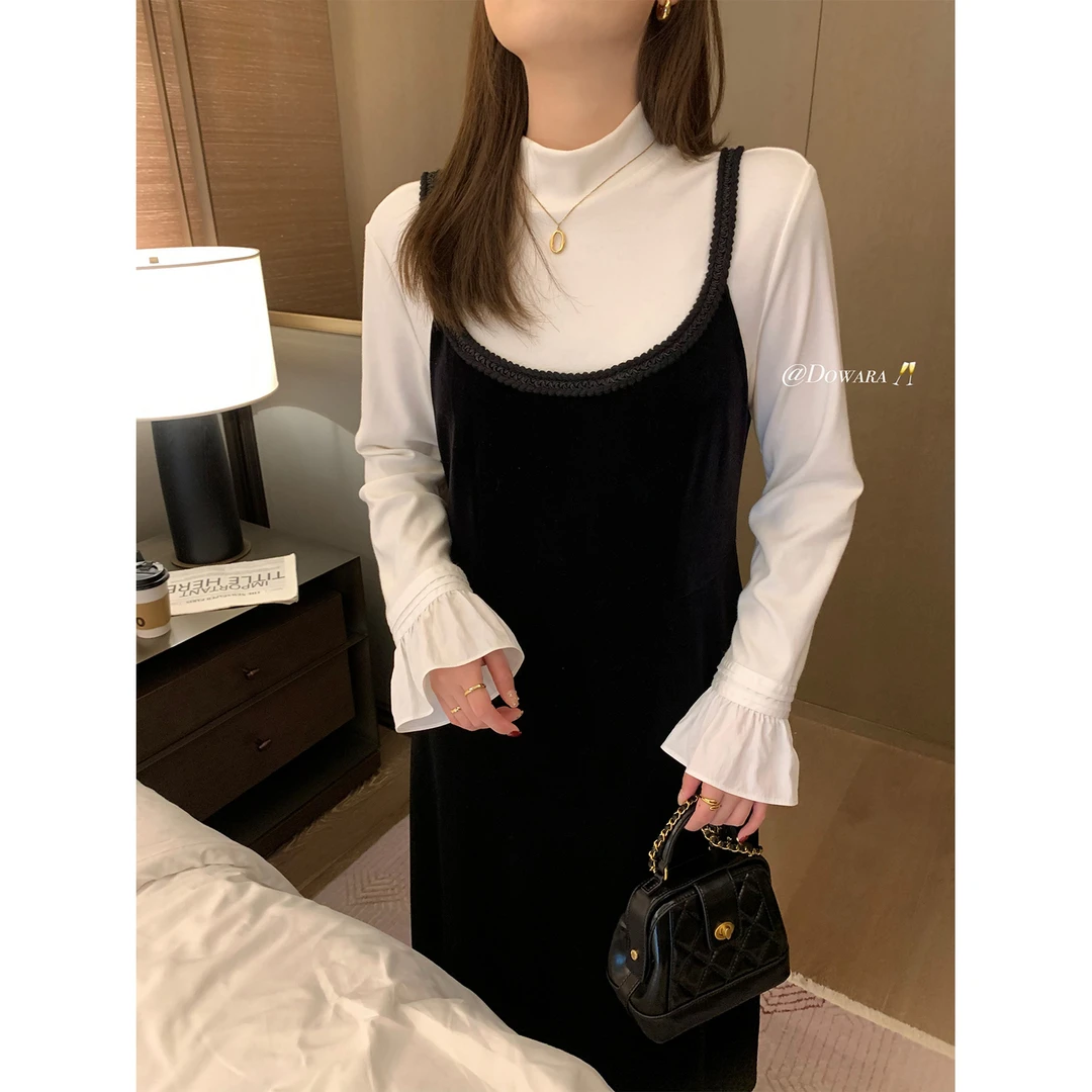现货大婉酱微胖定制半高领打底衫女设计感内搭T恤喇叭袖上衣7855D