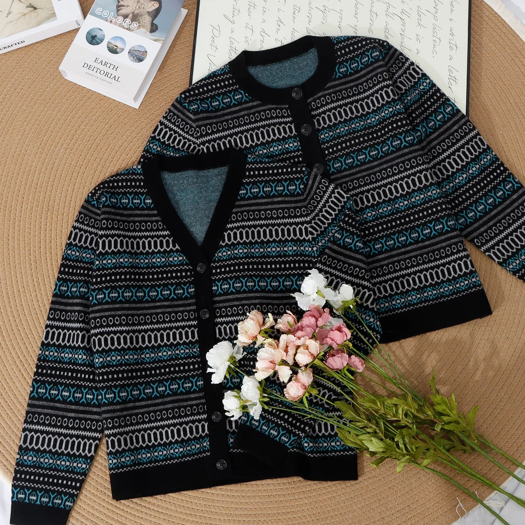 87261#复古氛围感重工提花冬季减龄女士羊毛开衫