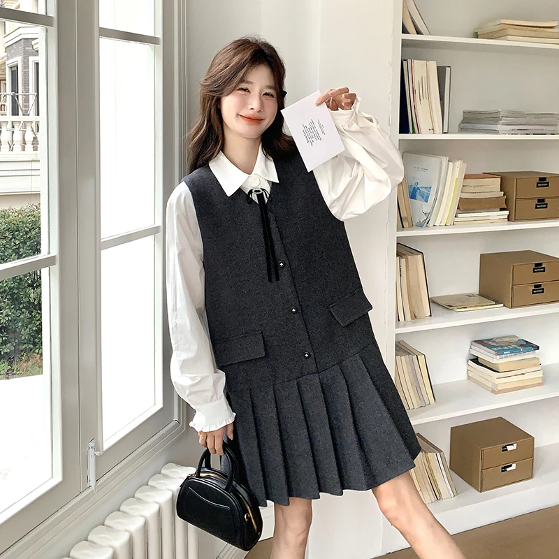 学院风无袖百褶西装裙套装2025新款女初春减龄衬衫背心裙两件套