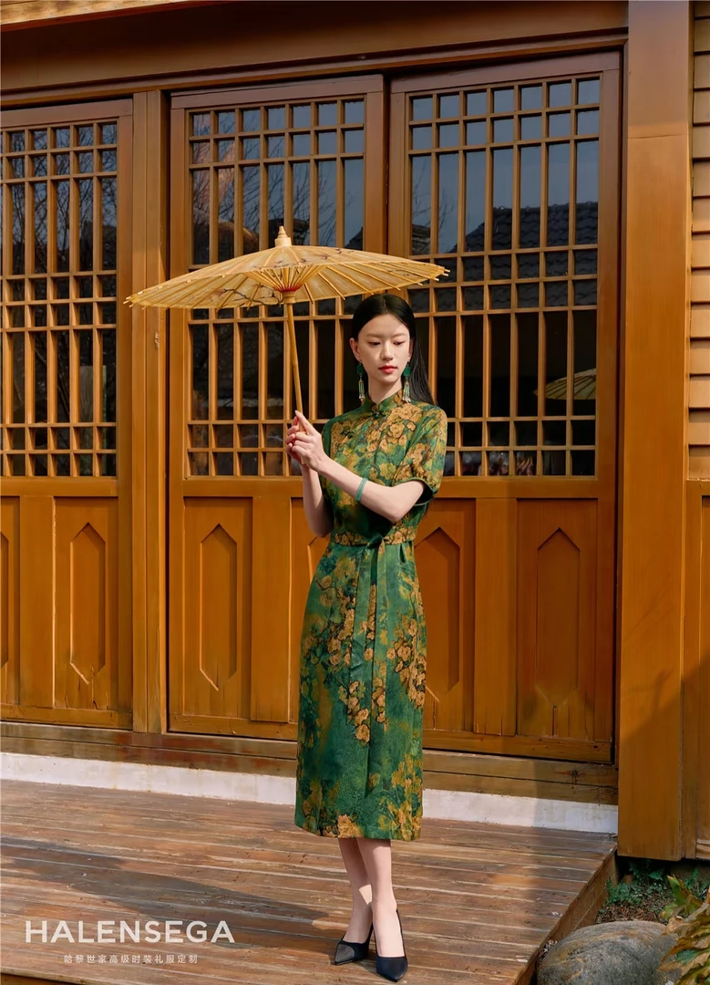香云纱低开衩提花新中式手工花扣中长款日常