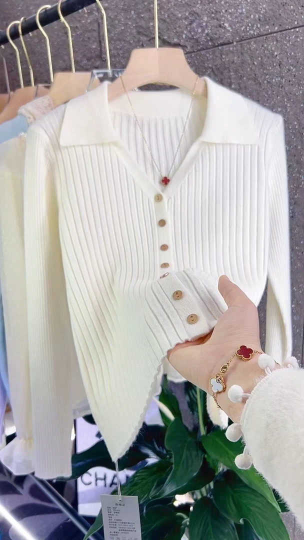 polo领针织开衫翻领坑条修身小香风百搭显开衫内搭毛衣外套女