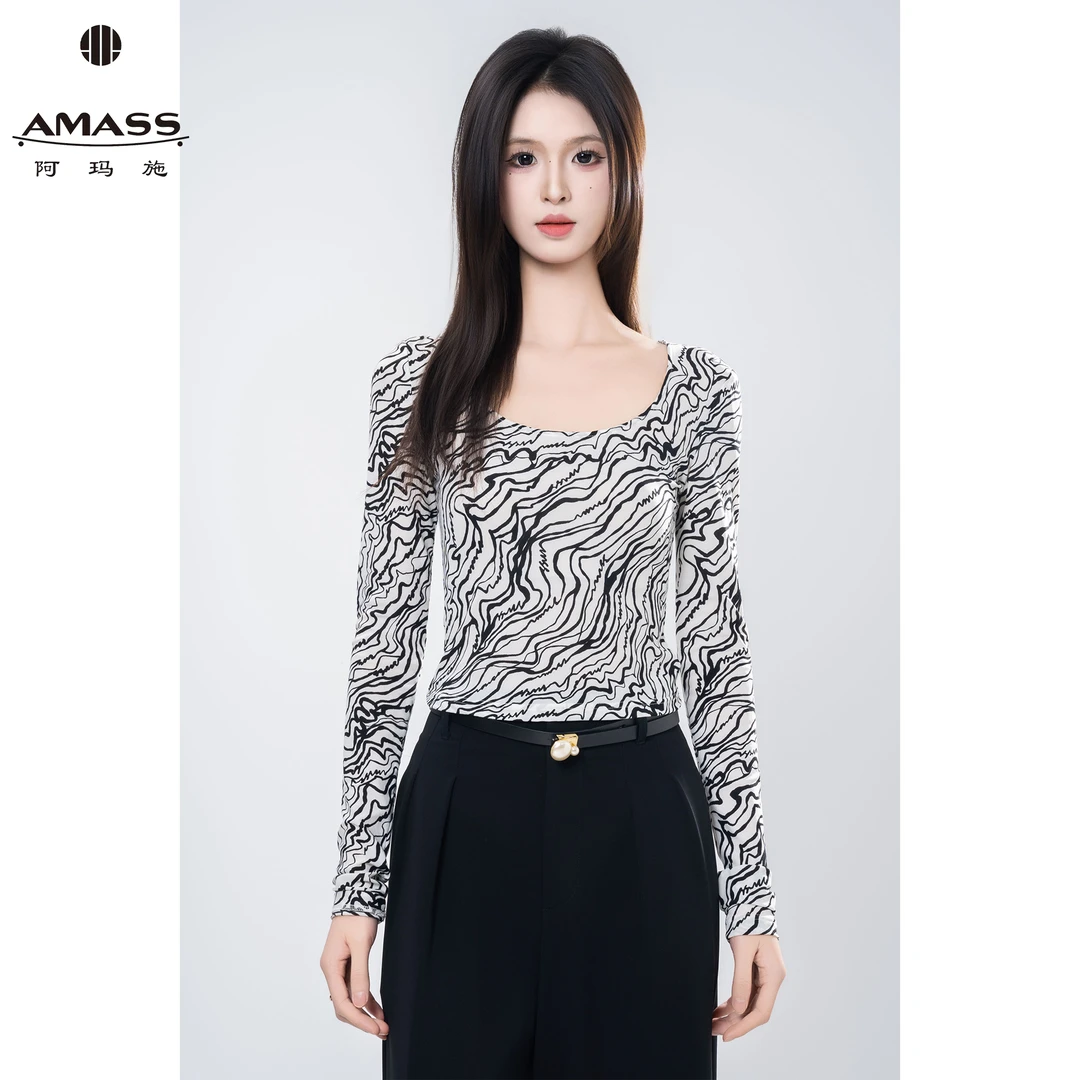 AMASS/阿玛施夏季新款时尚U型领几何线条修身打底网纱T恤 5300927