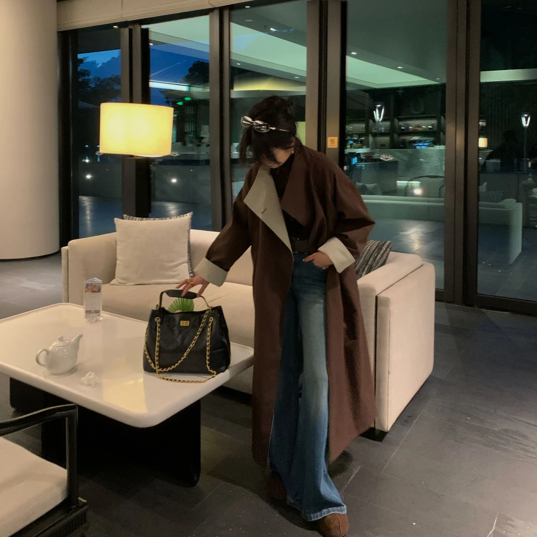 老琴私服【秋珀纵迹】欧若风英伦风立领拼色长款风衣外套女秋68390