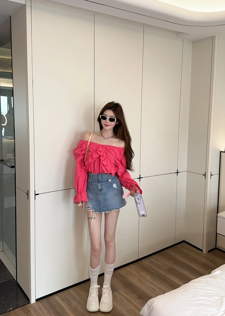 米娜家【神仙姐姐】泡菜订制设计满满火龙果拉肩衬衫