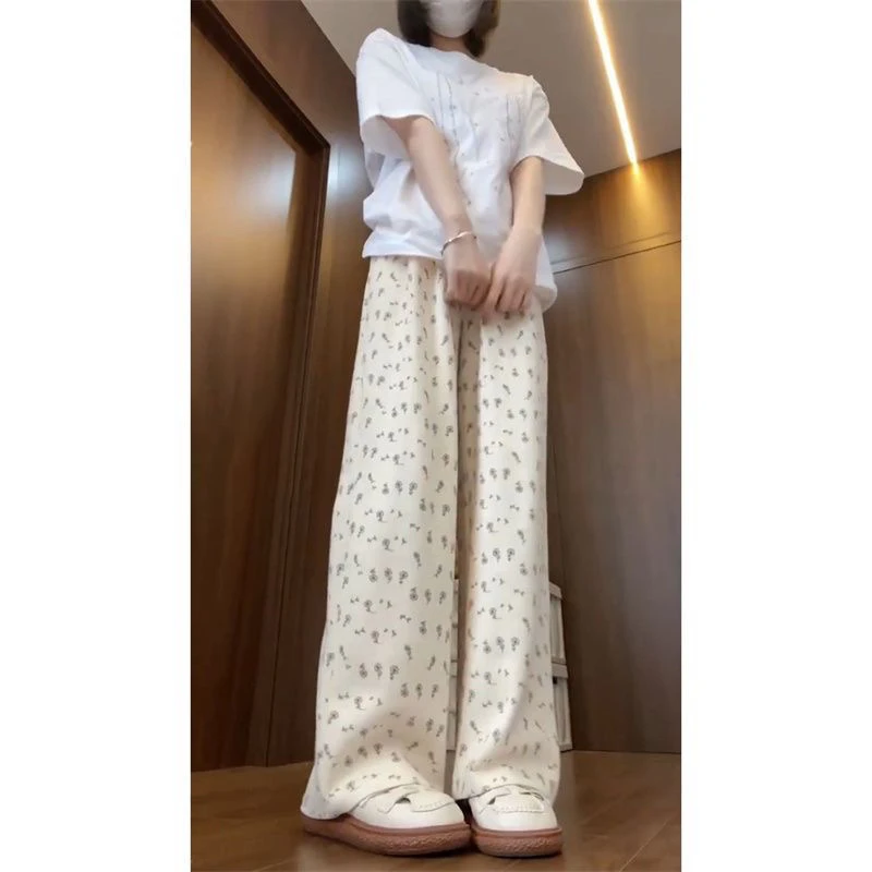 冰丝碎花垂感运动裤女夏季薄款2024阔腿高腰宽松百搭直筒休闲长裤