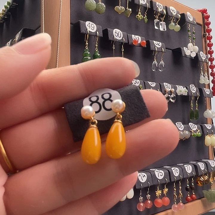 河***东琥珀银S925镀金镶嵌耳饰