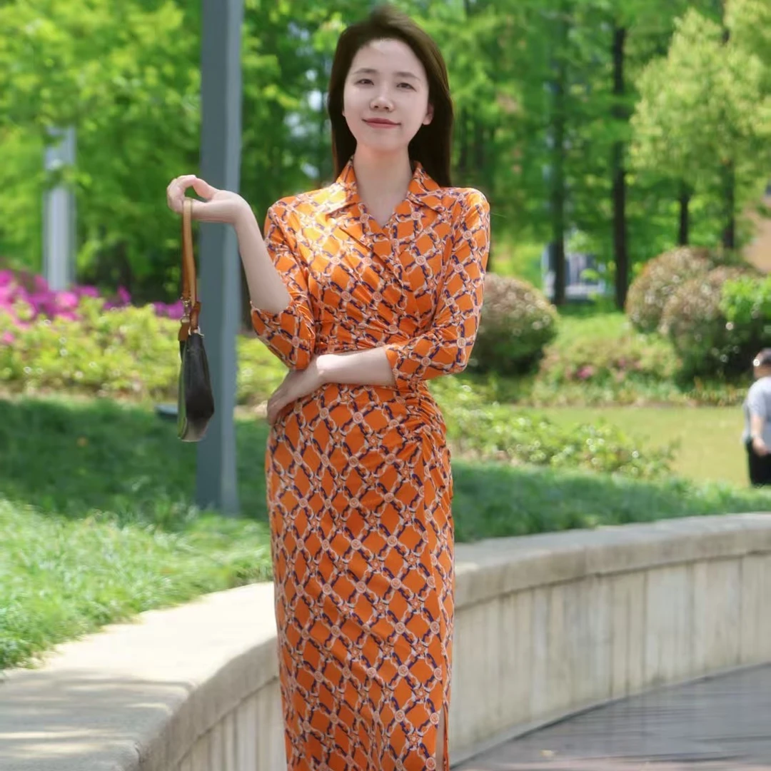 夏季中长款锁链西装领修身裙弹力显瘦优雅开叉长裙时尚连衣裙气质