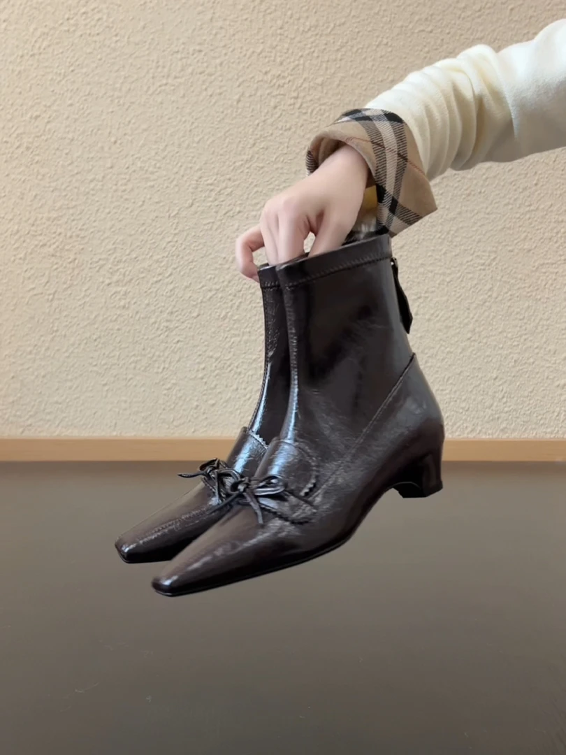 Pokoy-4cm复古风方头粗跟后拉链短靴老钱风蝴蝶结通勤时装靴