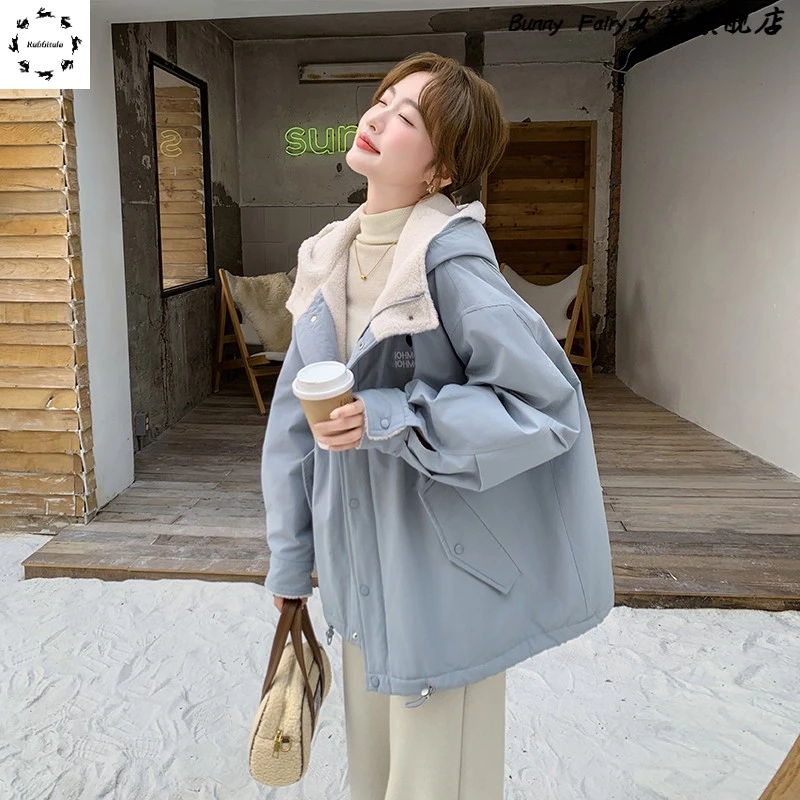蓝色连帽工装冲锋衣女冬季设计感韩系宽松休闲加绒保暖夹克短外套