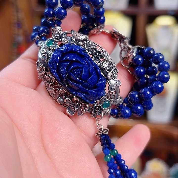 青金石银S925镶嵌手链国风