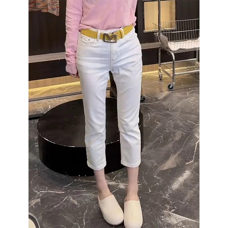 2025夏季薄款梨型身材裤子女百搭高腰弹力显瘦九分直筒烟管牛仔裤