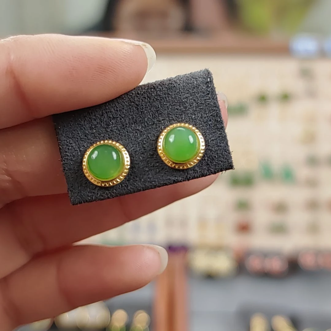 和田玉耳饰银S925镀金镶嵌耳饰