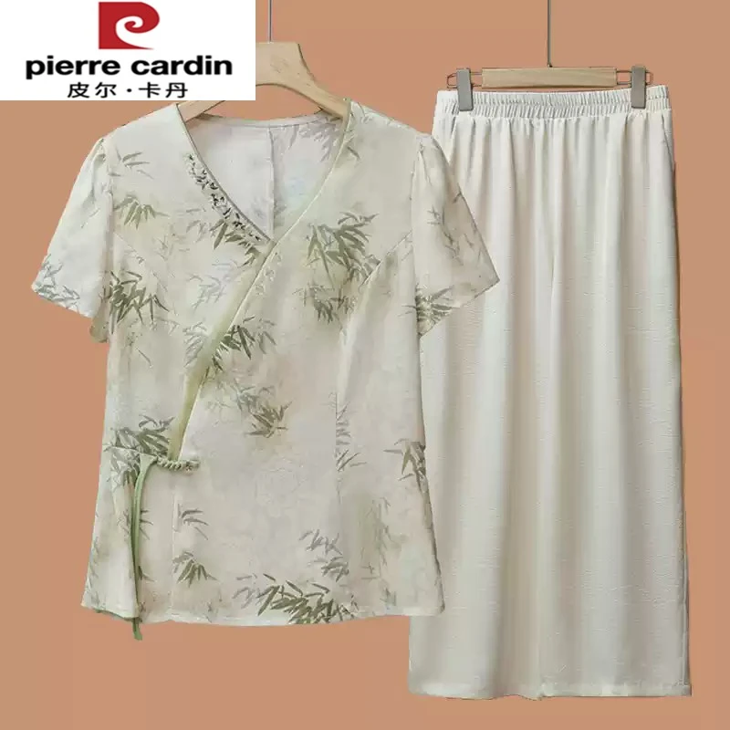 皮尔卡丹妈妈夏季洋气雪纺小衫中年女装夏装短袖套装中老年新中式
